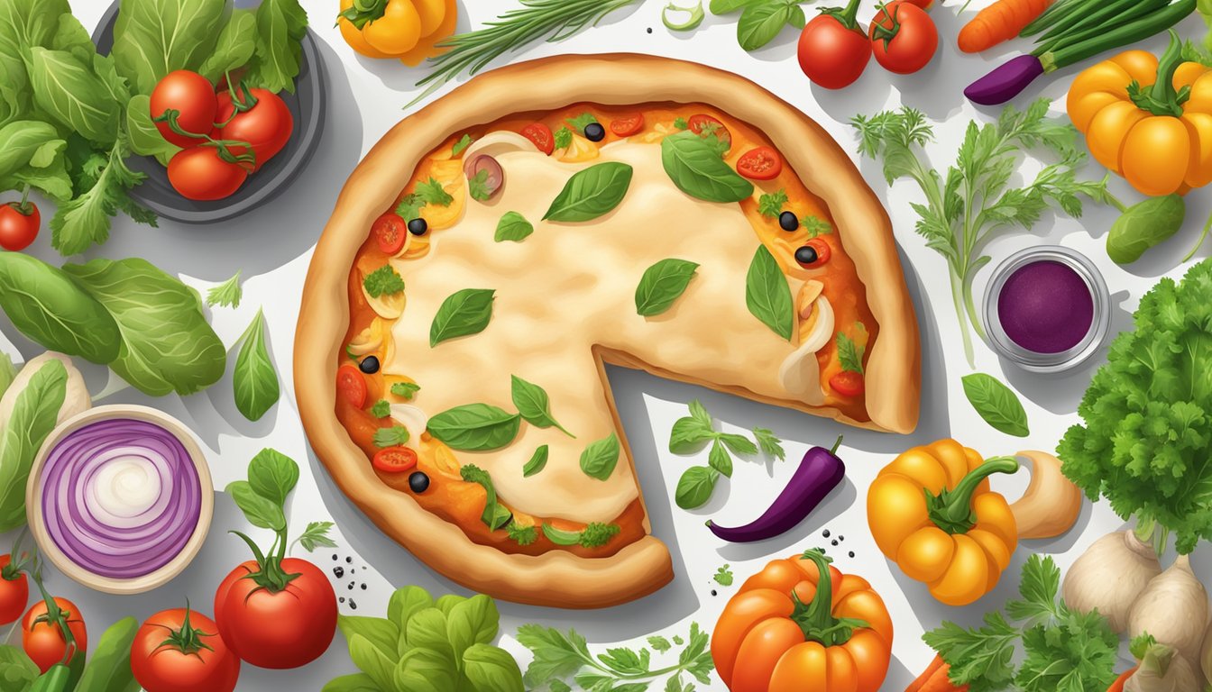 A table set with a freshly baked calzone pizza surrounded by vibrant, colorful vegetables and herbs