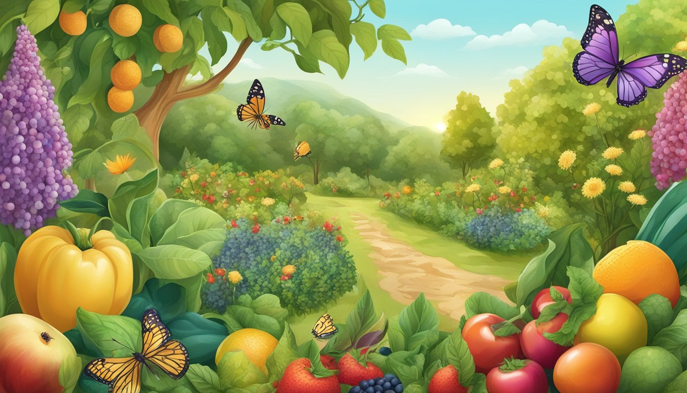 A lush garden with an abundance of fruits, vegetables, and grains, surrounded by bees and butterflies