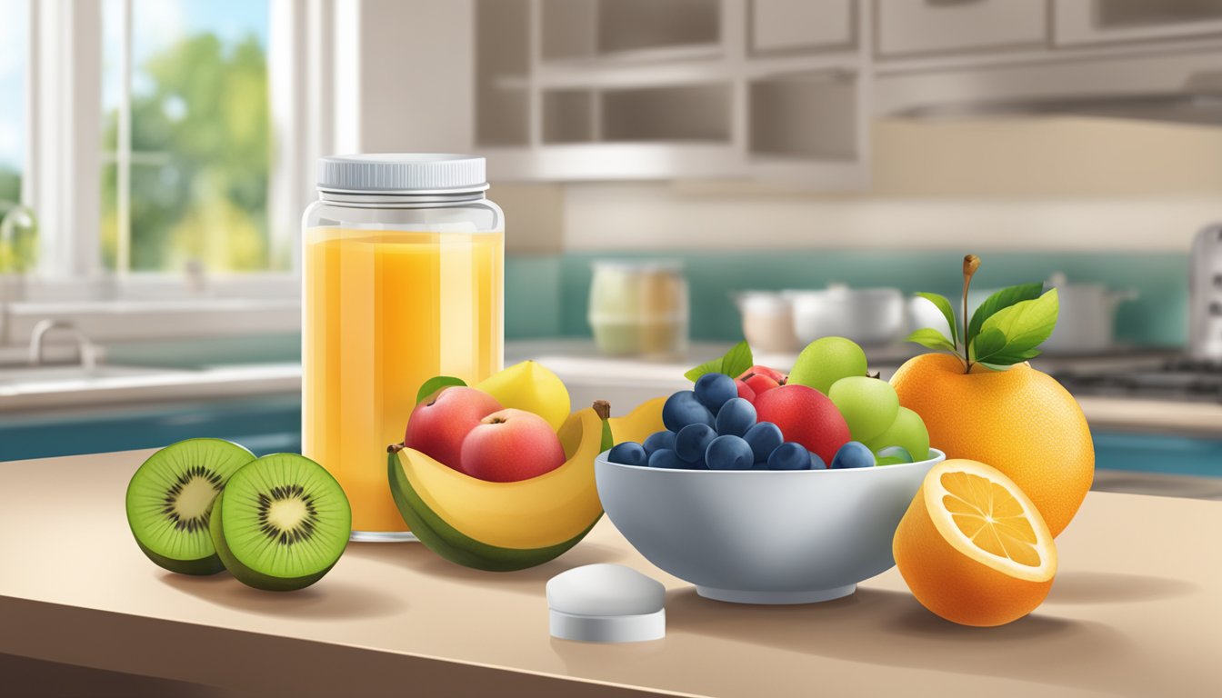 A bowl of fruit and a jar of oligofructose sweetener on a kitchen counter