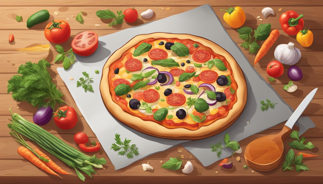 A fresh, hot pepperoni pizza sits on a wooden cutting board, with colorful vegetables and herbs scattered around it. A nutrition label is visible on the packaging