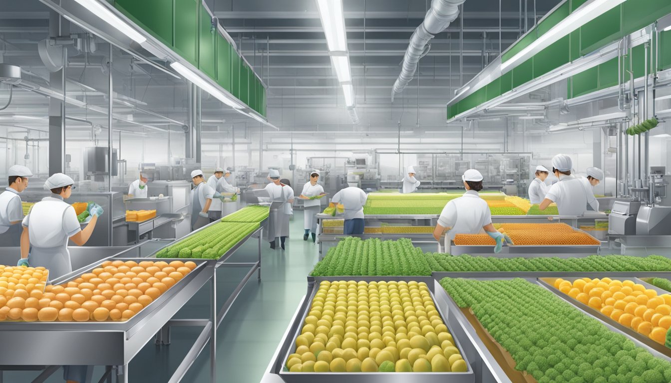 A bustling food production facility with workers packaging vegan products containing oligofructose