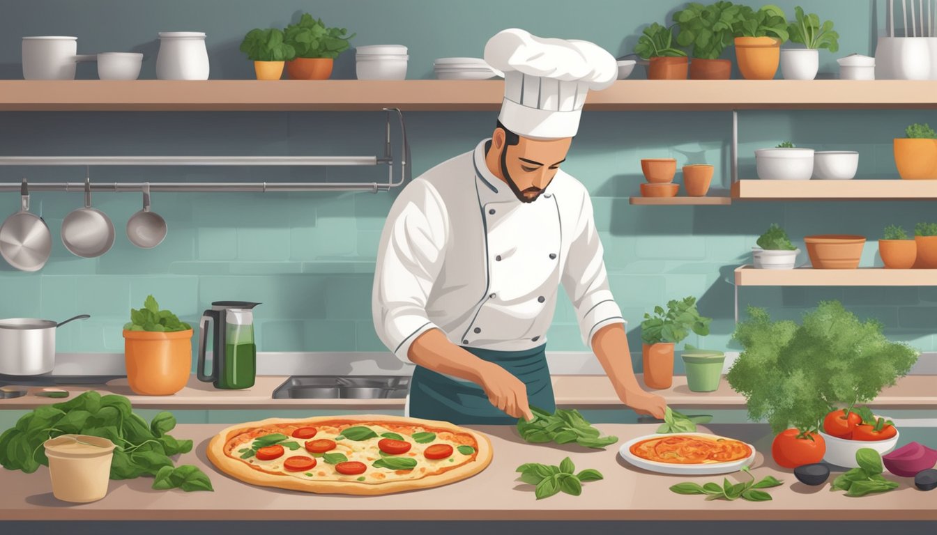 A chef prepares vegan calzone pizza with plant-based ingredients in a modern kitchen