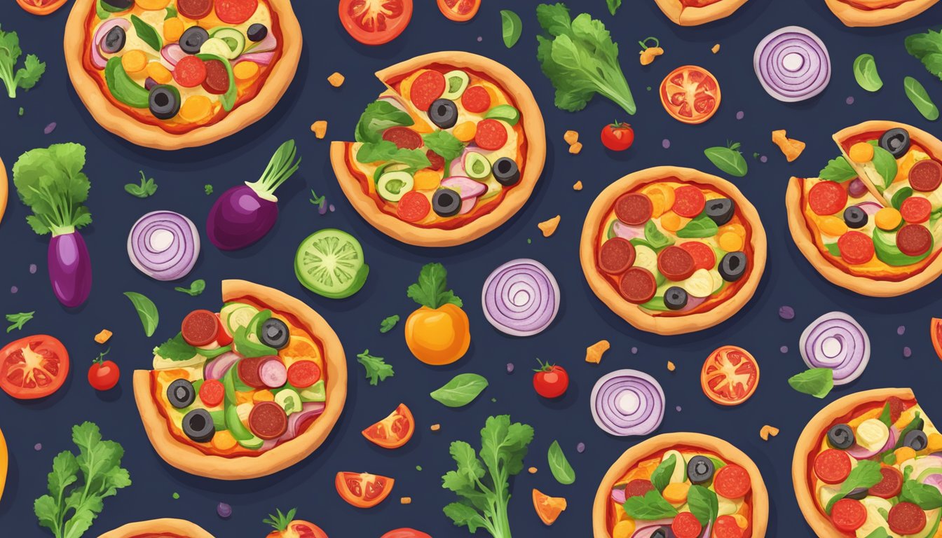 A colorful vegan pizza with vibrant vegetable toppings and vegan pepperoni slices