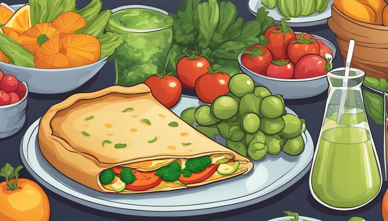 A colorful plate with a calzone pizza surrounded by fresh vegetables and fruits, with a glass of water on the side