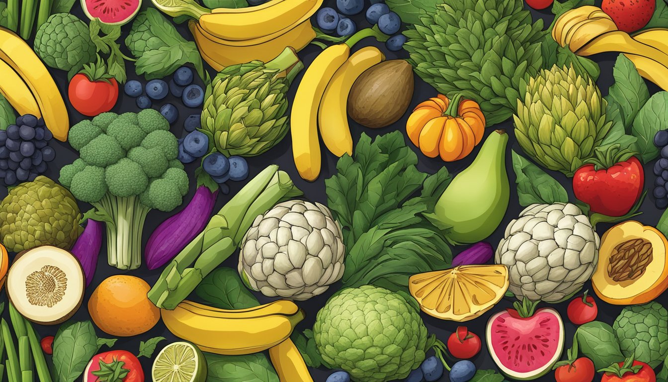 A colorful array of fruits and vegetables, with a prominent focus on artichokes, bananas, and asparagus, surrounded by a variety of plant-based foods and ingredients