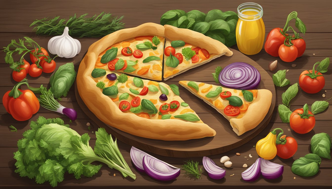 A colorful array of fresh vegetables and herbs arranged around a golden-brown, steaming calzone pizza on a rustic wooden serving board