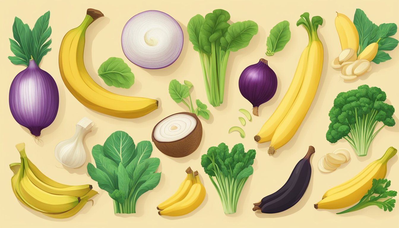 A variety of plant-based foods, such as chicory root, bananas, and onions, are arranged in a colorful display, showcasing the natural sources of oligofructose