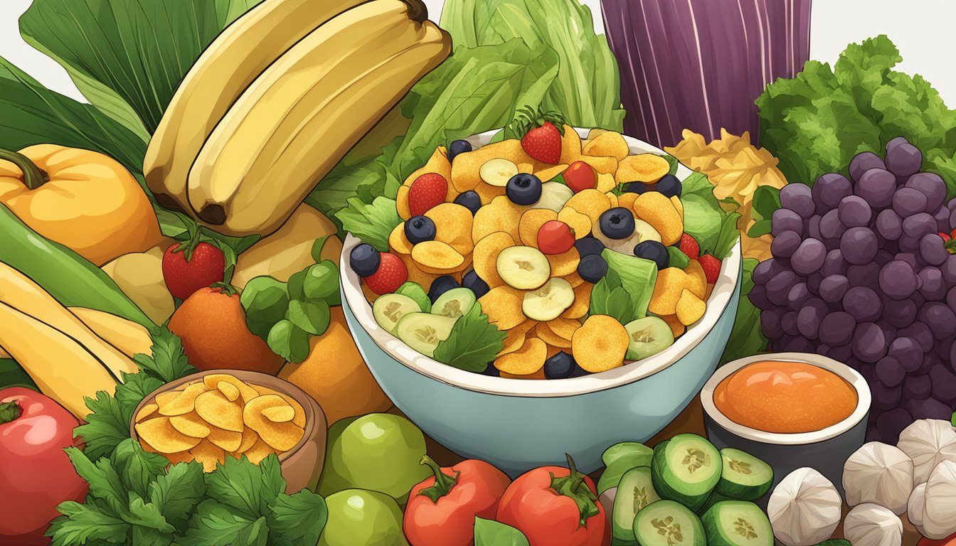 A bowl of samai plantain chips surrounded by fresh fruits and vegetables