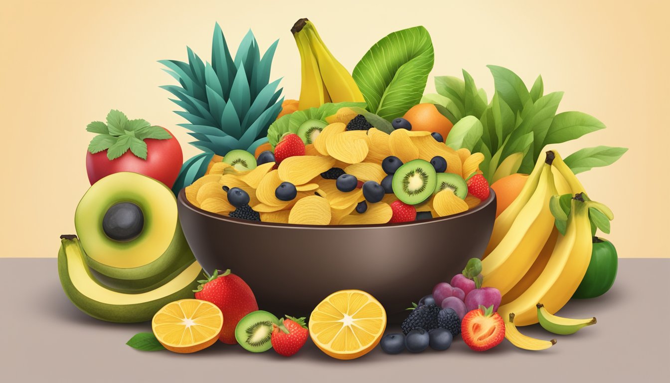 A bowl of Samai plantain chips surrounded by whole plantains and a variety of colorful fruits and vegetables