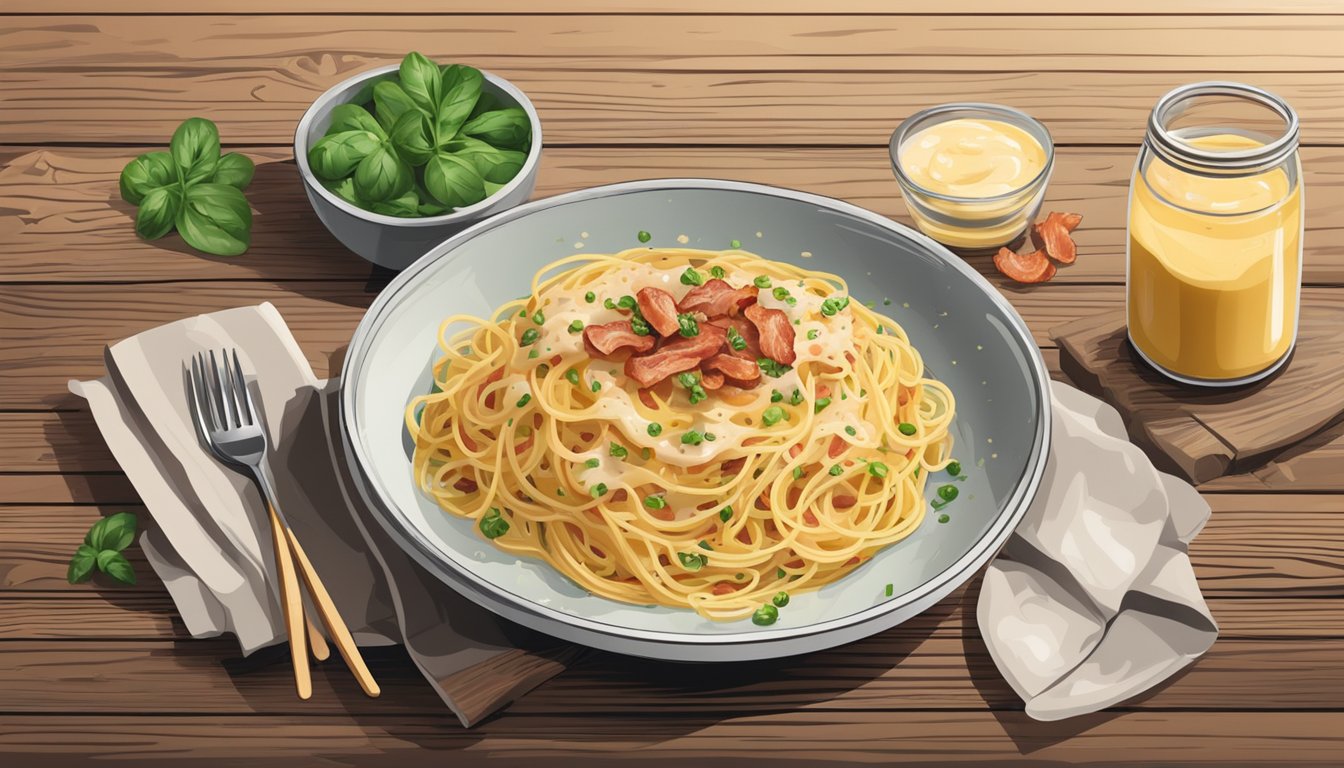 A bowl of spaghetti carbonara with creamy sauce, crispy bacon, and sprinkled with black pepper, sits on a rustic wooden table