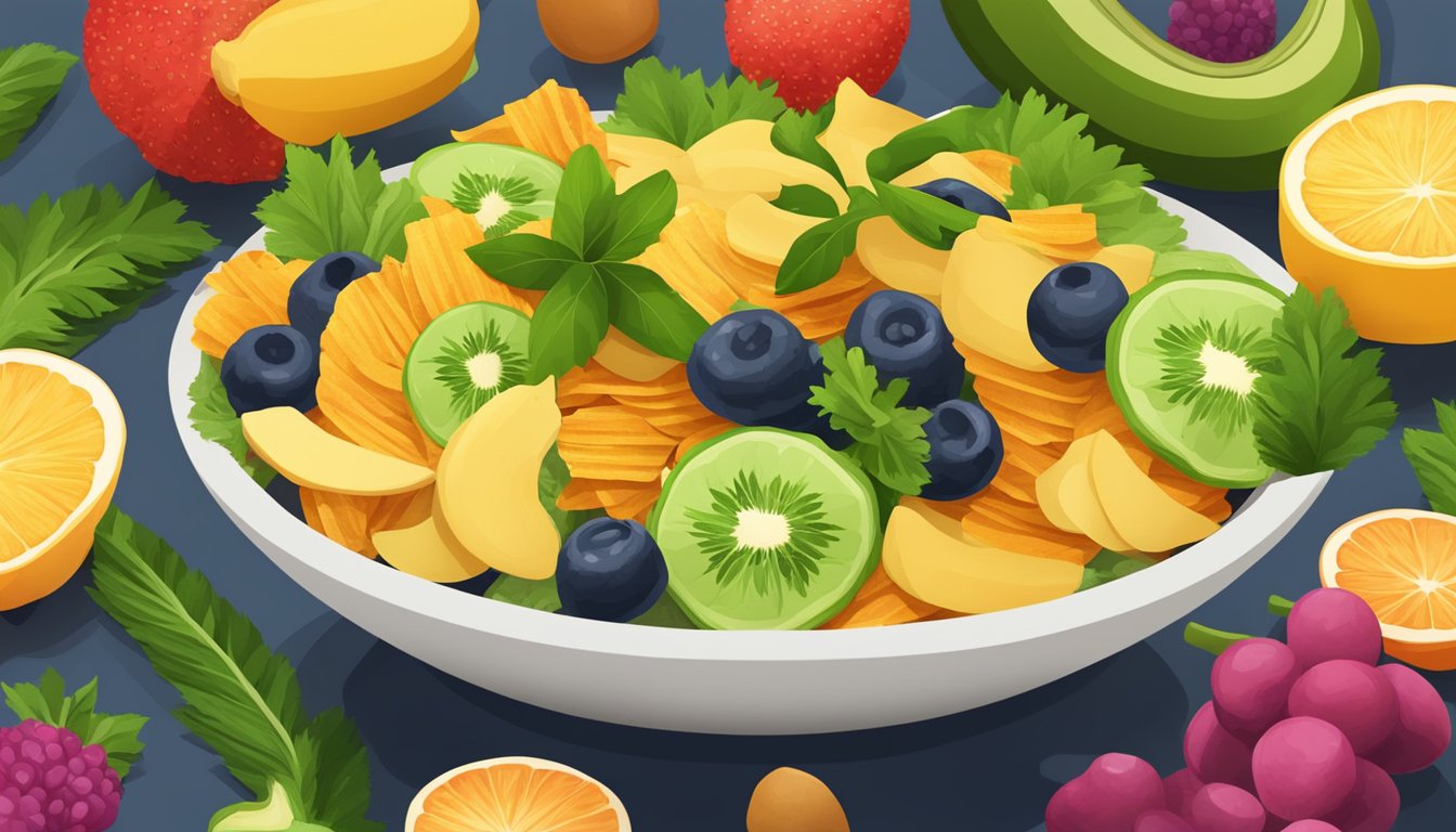 A bowl of samai plantain chips surrounded by fresh fruits and vegetables