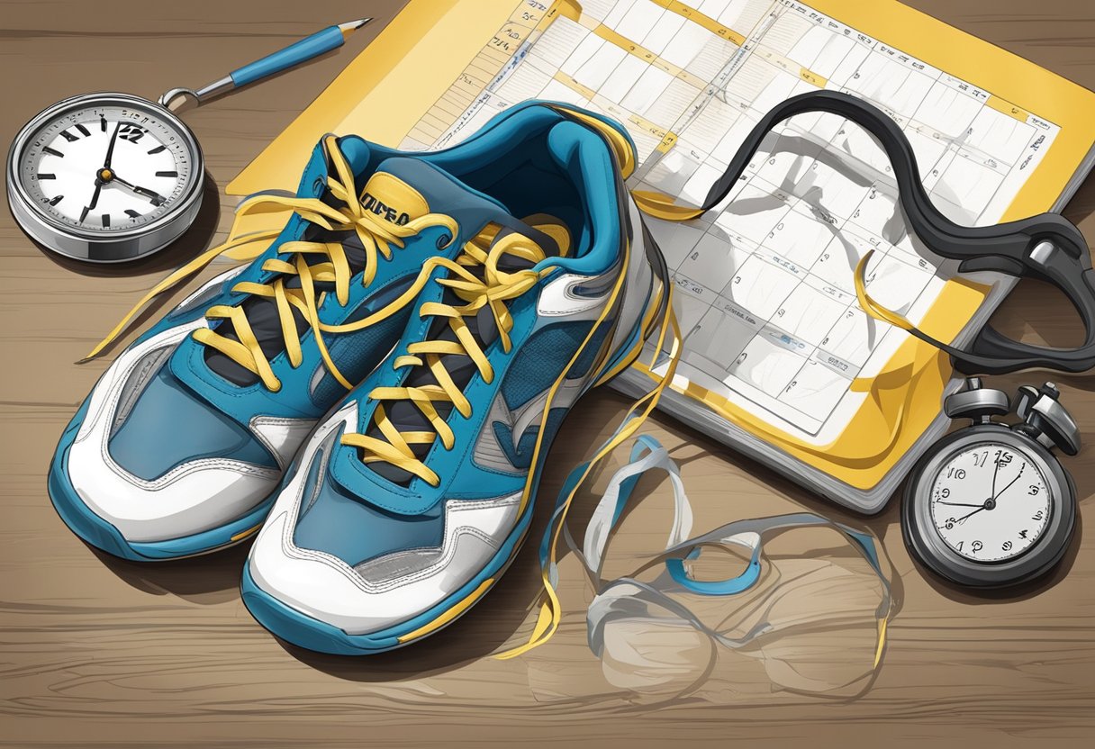 A pair of worn volleyball shoes next to a stopwatch and a calendar, showing signs of wear and tear