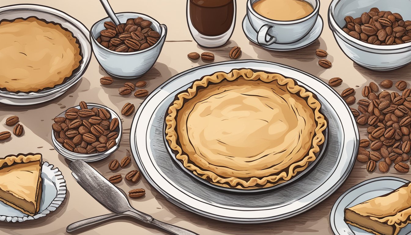 A table set with a freshly baked Derby Pie surrounded by ingredients like chocolate chips, pecans, and a pie crust