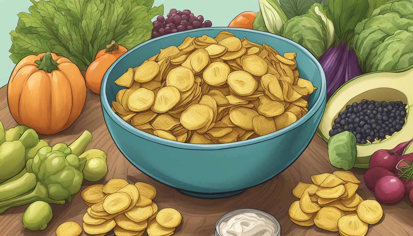 A bowl of Samai plantain chips surrounded by fresh fruits and vegetables, with a "vegan" label prominently displayed