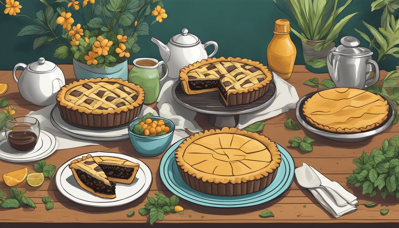 A table set with a vegan derby pie surrounded by plant-based ingredient alternatives