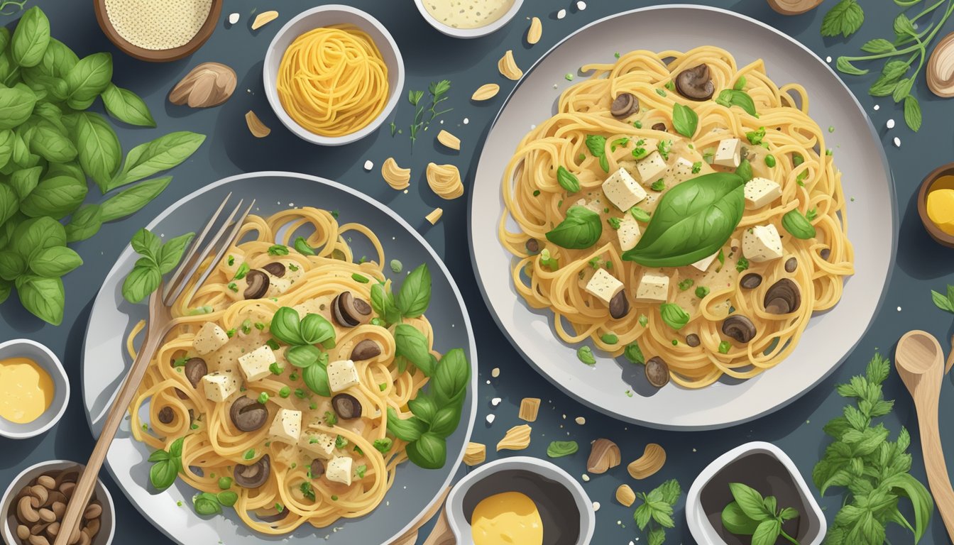 A steaming plate of vegan spaghetti carbonara surrounded by fresh ingredients like tofu, mushrooms, and plant-based cheese, with a sprinkle of herbs on top