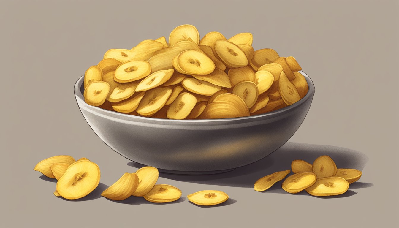 A bowl of Samai plantain chips next to a pile of fresh plantains