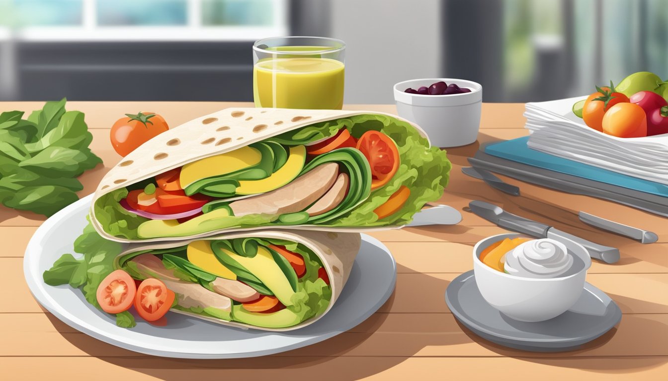 A colorful turkey and avocado wrap surrounded by fresh vegetables and fruits on a clean, modern office desk