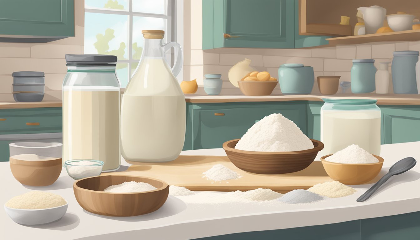 A kitchen counter with ingredients for vegan pie crust: flour, coconut oil, almond milk, and a mixing bowl with a dough ball