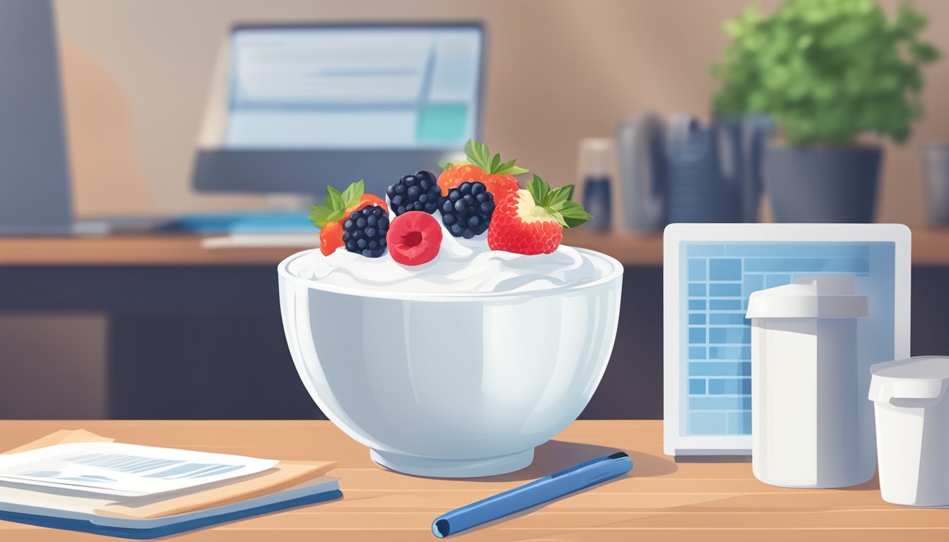 A bowl of Greek yogurt topped with fresh berries sits on a desk next to a computer and a stack of papers