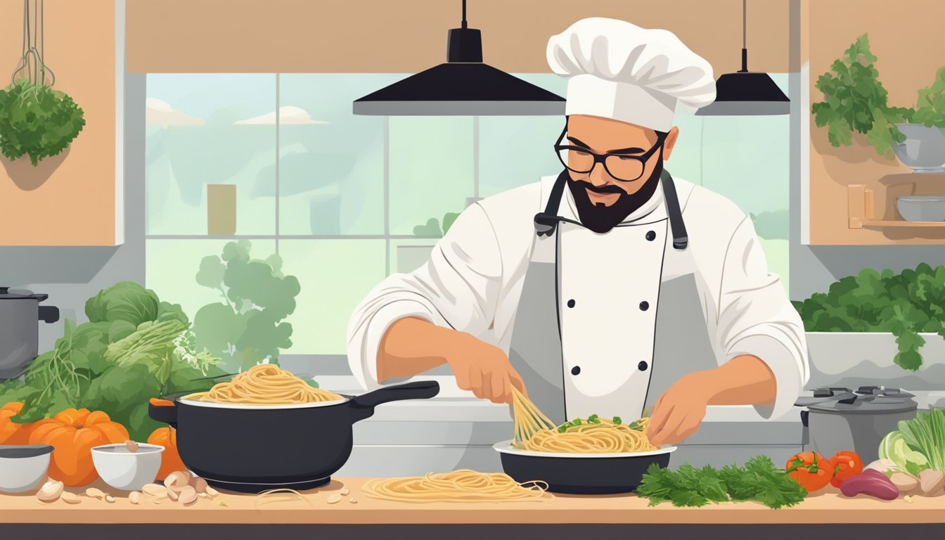 A chef in a modern kitchen, adding vegan bacon and cashew cream to a steaming pot of spaghetti, surrounded by fresh herbs and vegetables