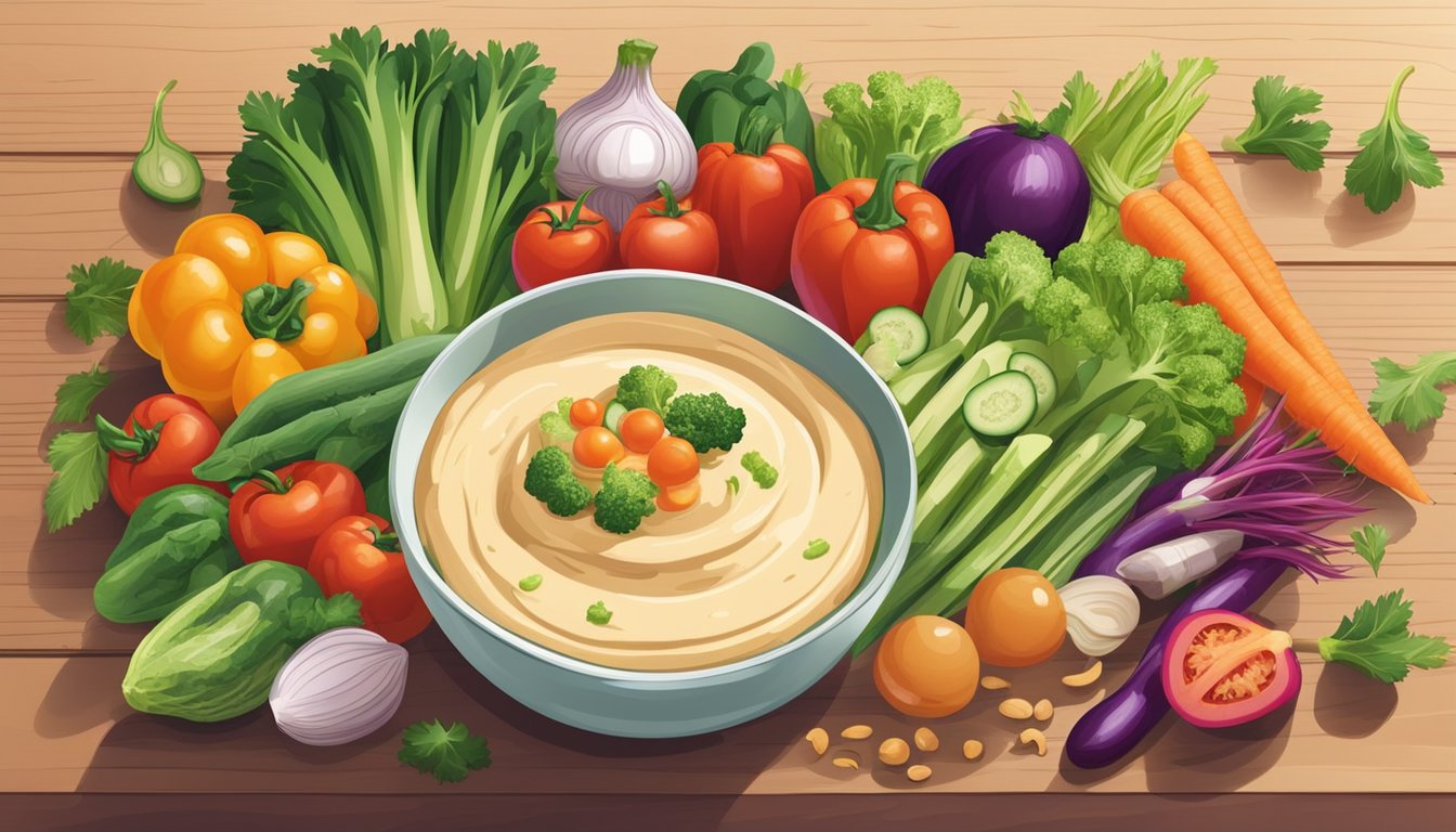 A colorful assortment of fresh vegetables arranged around a bowl of creamy hummus on a wooden desk in a bright office setting