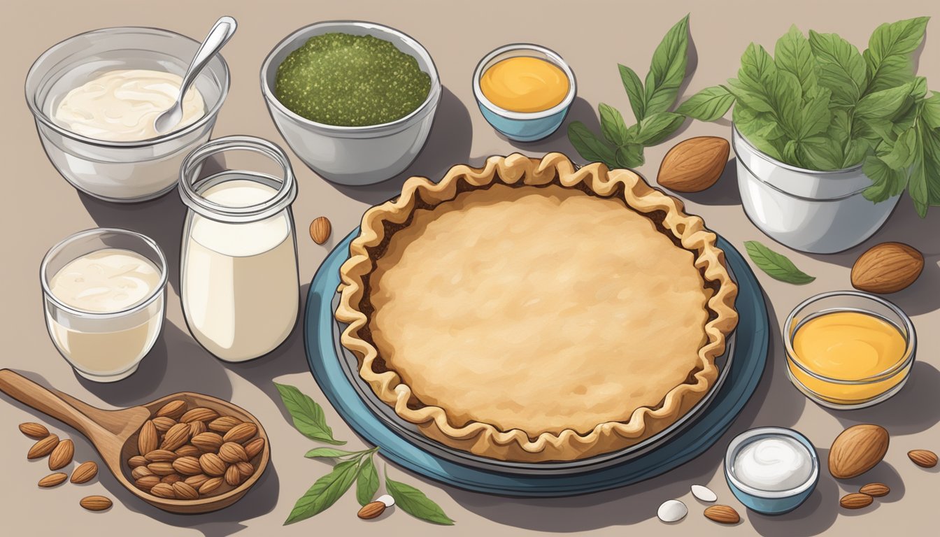 A table with a freshly baked derby pie surrounded by vegan ingredients like almond milk, coconut oil, and flax eggs