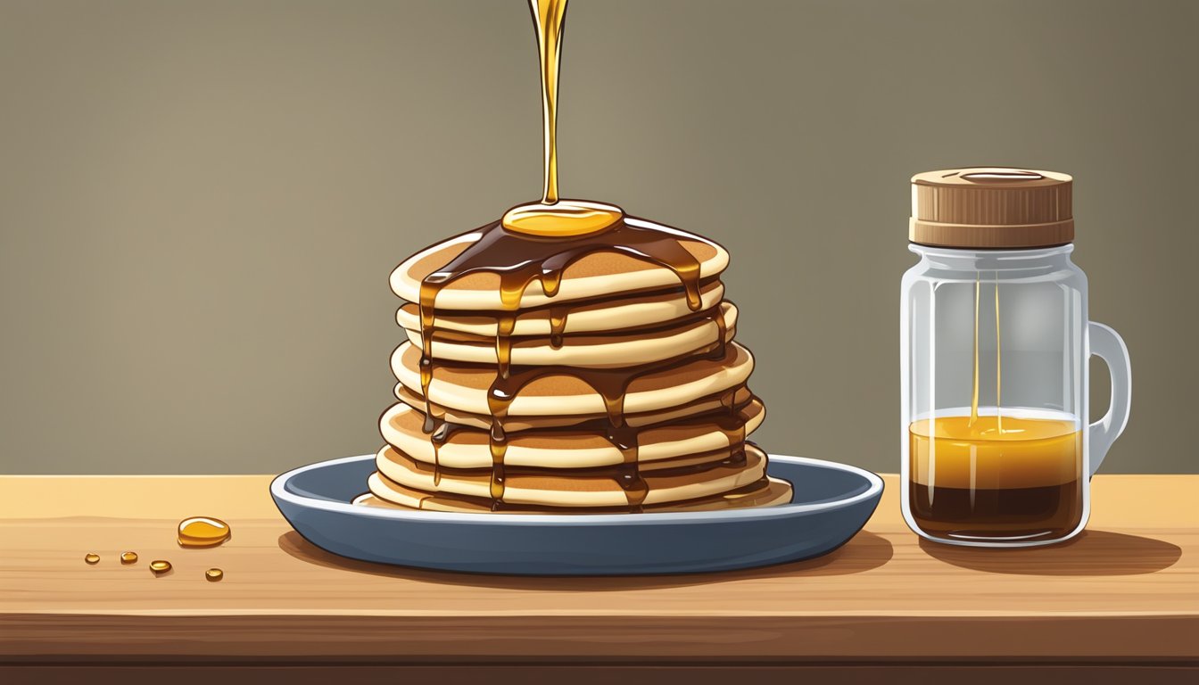 A jar of sorghum syrup with a drizzle pouring onto a stack of pancakes