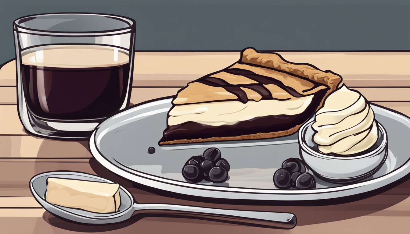 A slice of derby pie sits on a plate beside a scoop of dairy-free vanilla ice cream. A glass of red wine is placed next to the dessert