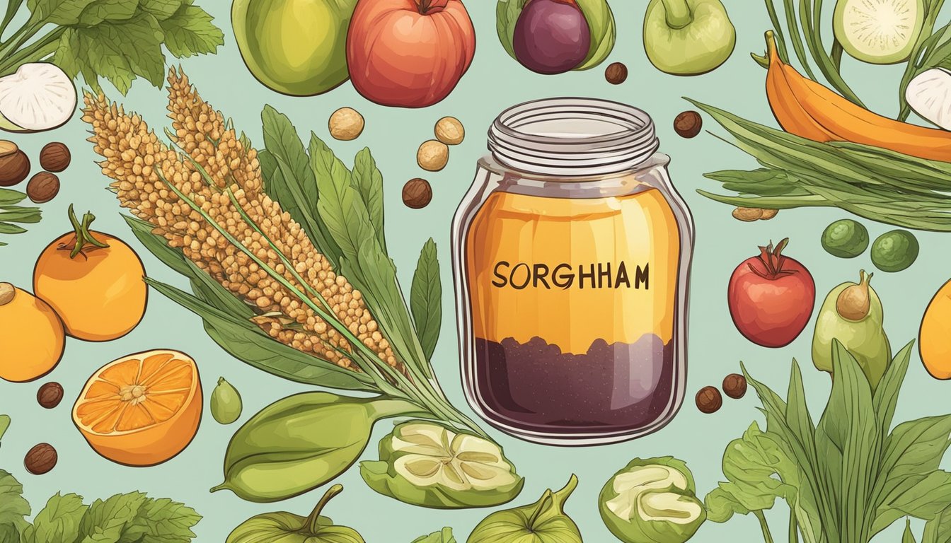 A jar of sorghum syrup surrounded by various plant-based foods, such as fruits, vegetables, and grains, to depict a vegan diet