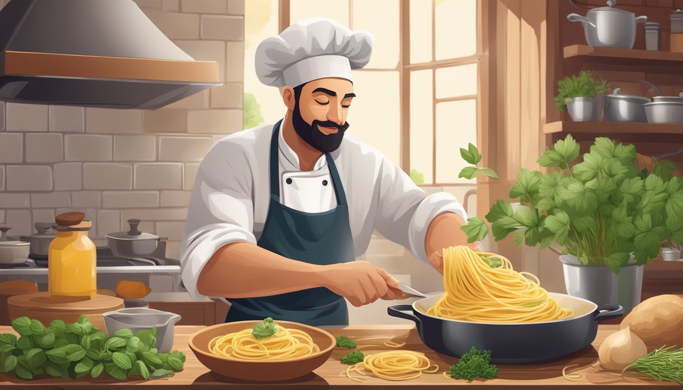 A chef prepares a steaming plate of spaghetti carbonara with vegan ingredients, surrounded by fresh herbs and a rustic kitchen backdrop