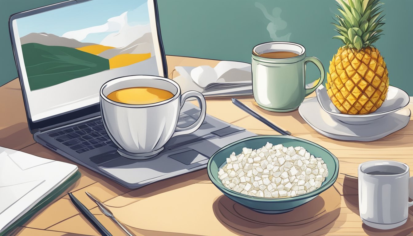 A bowl of cottage cheese with pineapple sits on a desk surrounded by a laptop, papers, and a mug of tea