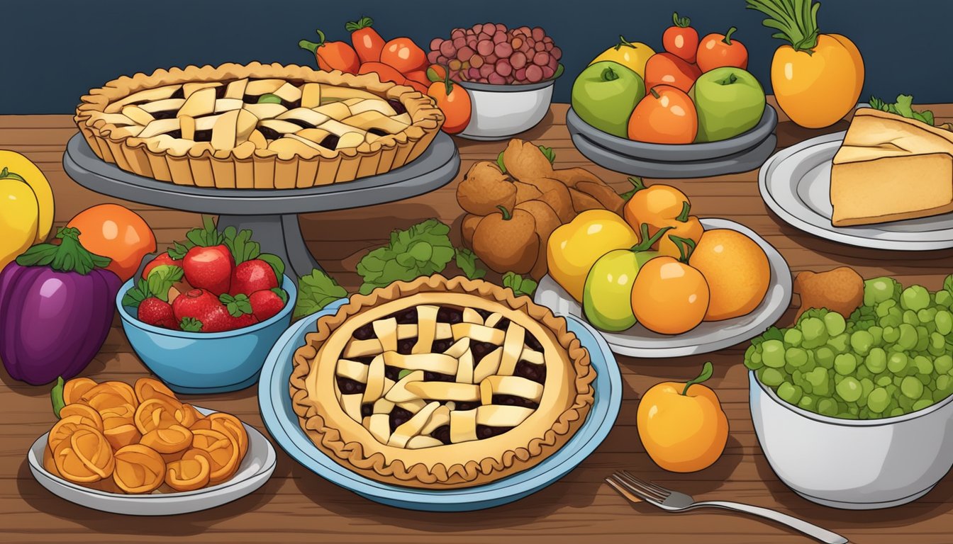 A table set with a freshly baked derby pie surrounded by colorful fruits and vegetables