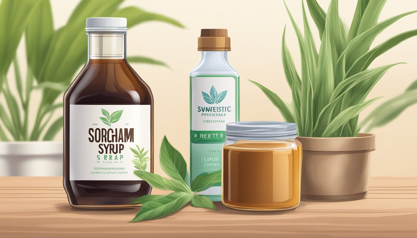 A jar of sorghum syrup next to various sweeteners, with a plant-based label and vegan certification displayed prominently