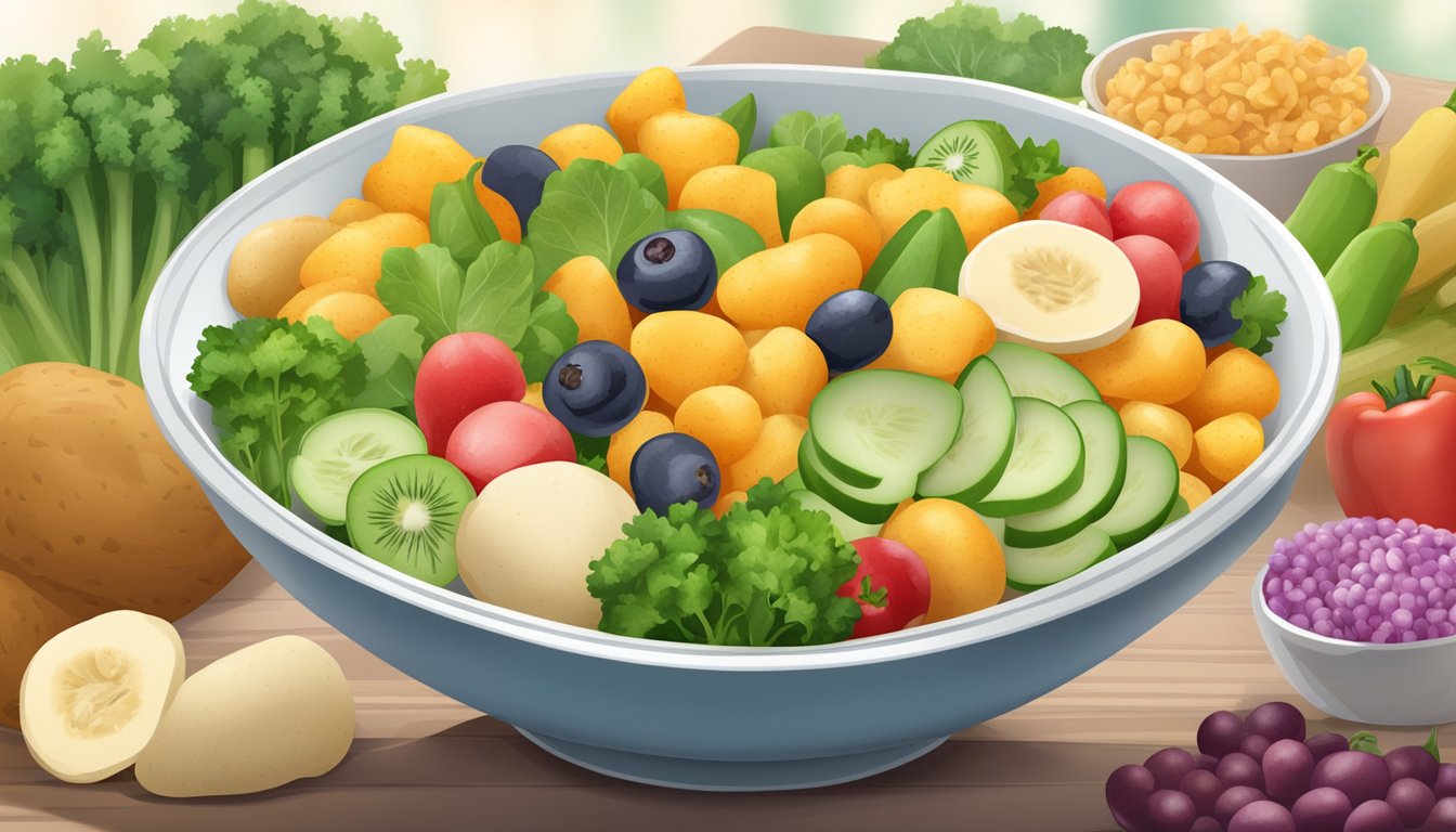 A bowl of air-puffed potato snacks surrounded by fresh vegetables and fruits, with a "vegan" label visible