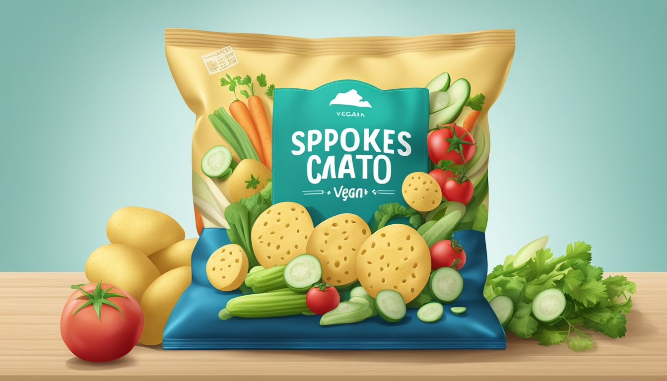 A bag of Spokes Air-Puffed Potato Snacks surrounded by fresh vegetables and a "vegan" label