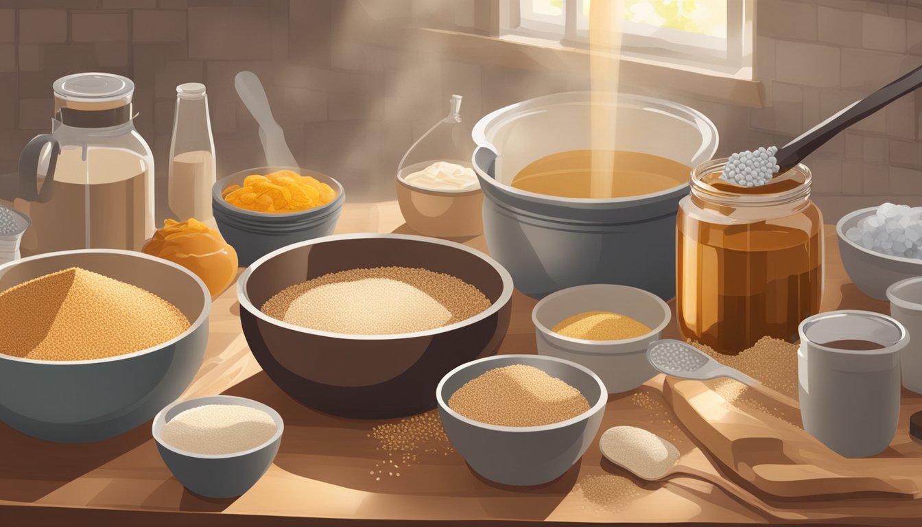 A person pours sorghum syrup into a mixing bowl while surrounded by various baking ingredients and utensils. The kitchen is warm and inviting, with the aroma of baked goods filling the air