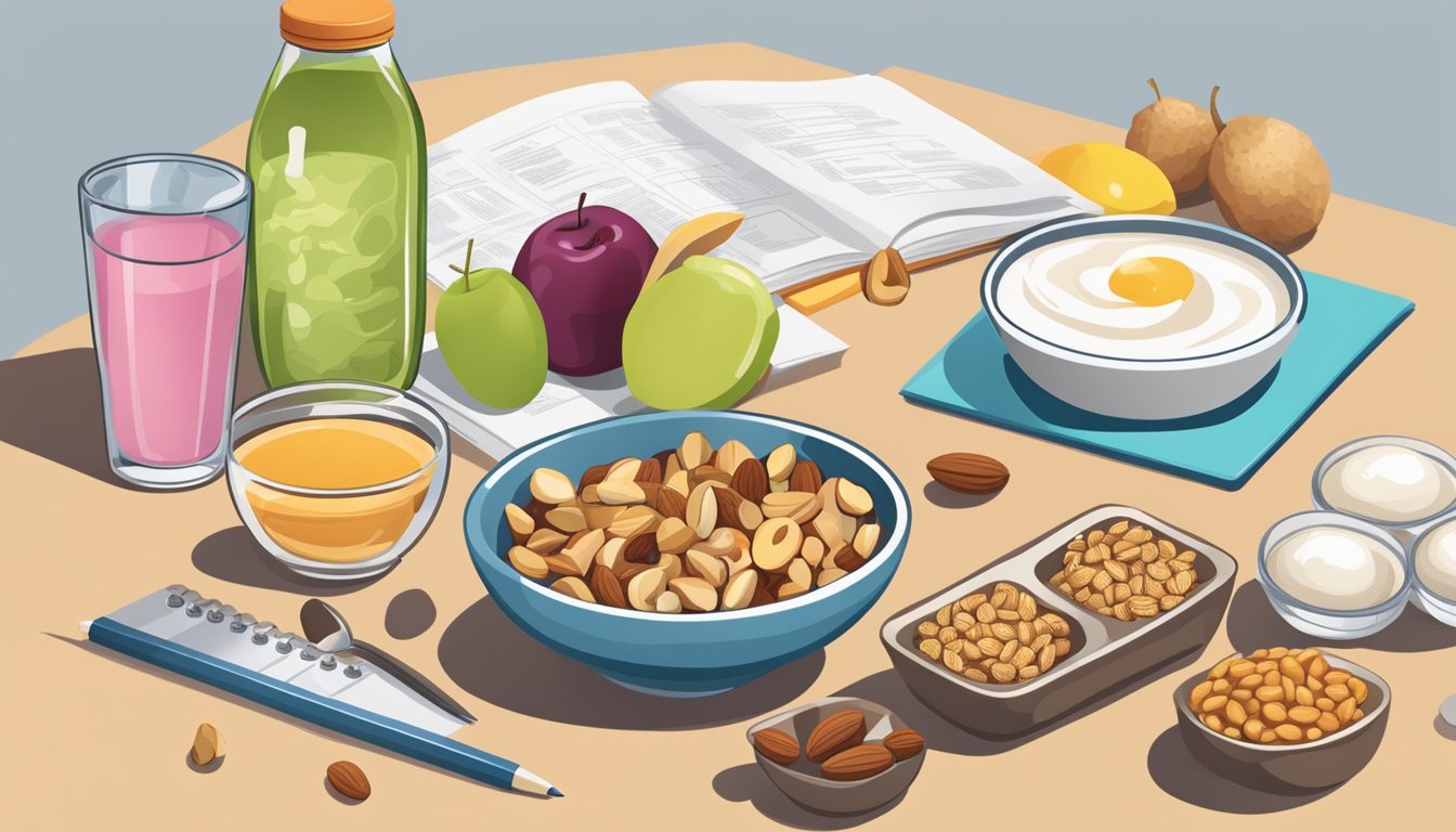 A desk with a variety of diabetic-friendly snacks, such as nuts, fruits, and yogurt cups, alongside a bottle of water and a nutrition guide