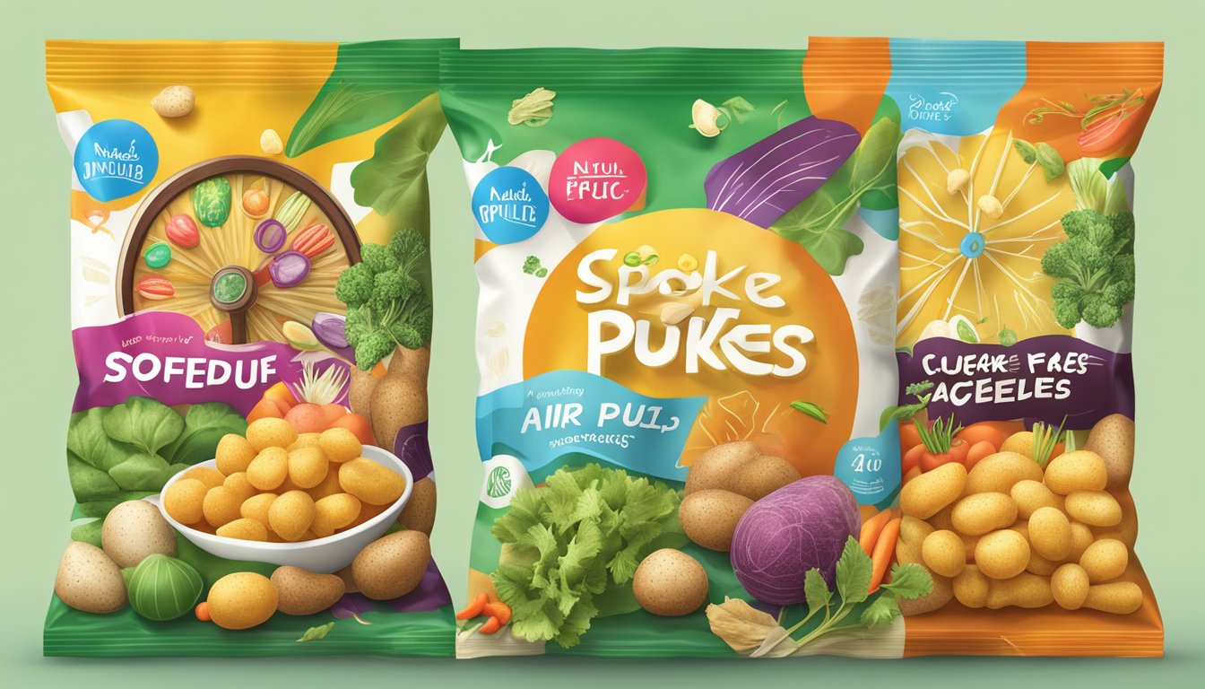 A colorful array of Spokes air puffed potato snacks in various flavors and packaging, surrounded by images of vegetables and natural elements