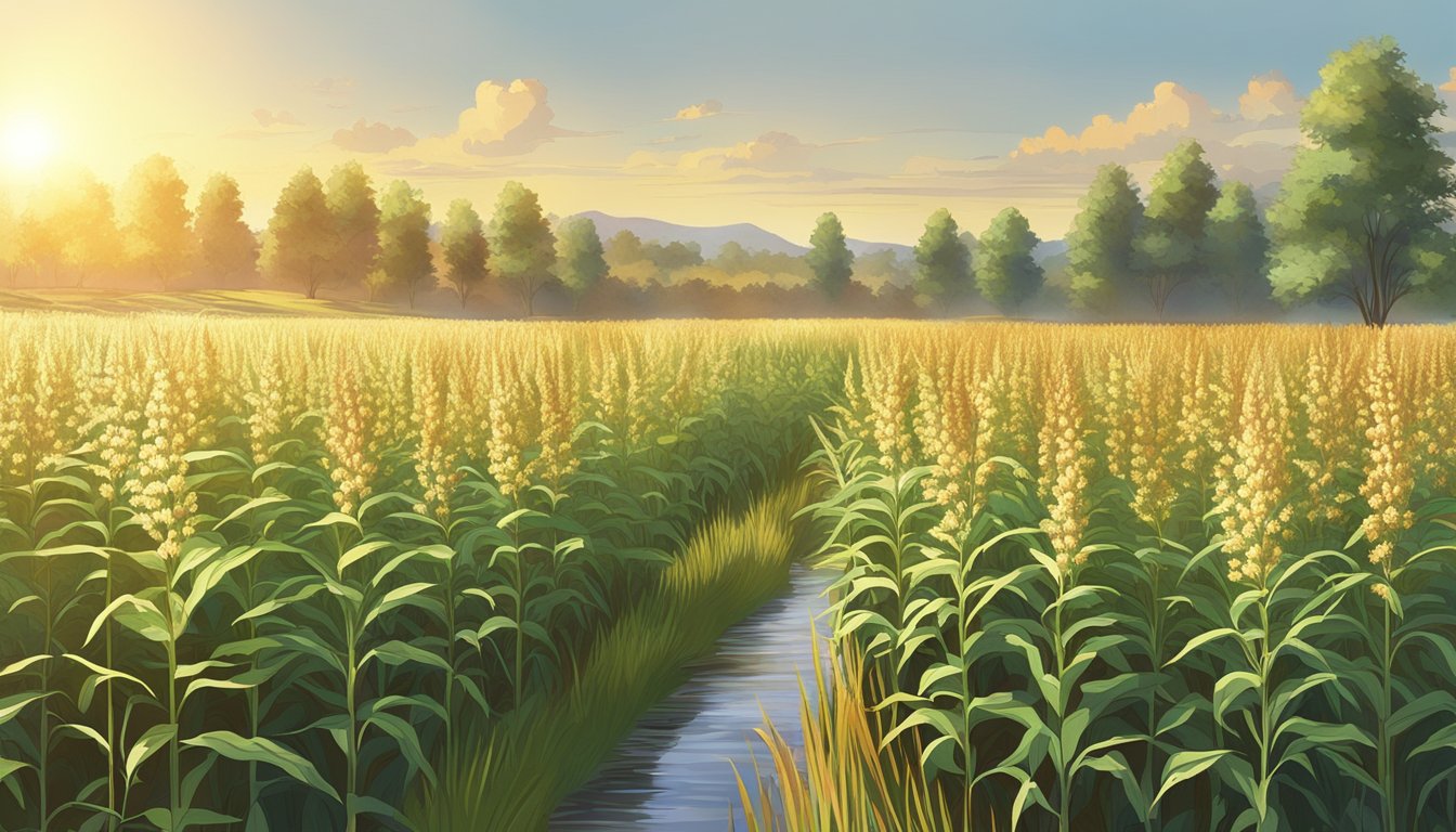 A field of tall sorghum plants swaying in the breeze, with a bright sun shining overhead and a small stream running nearby