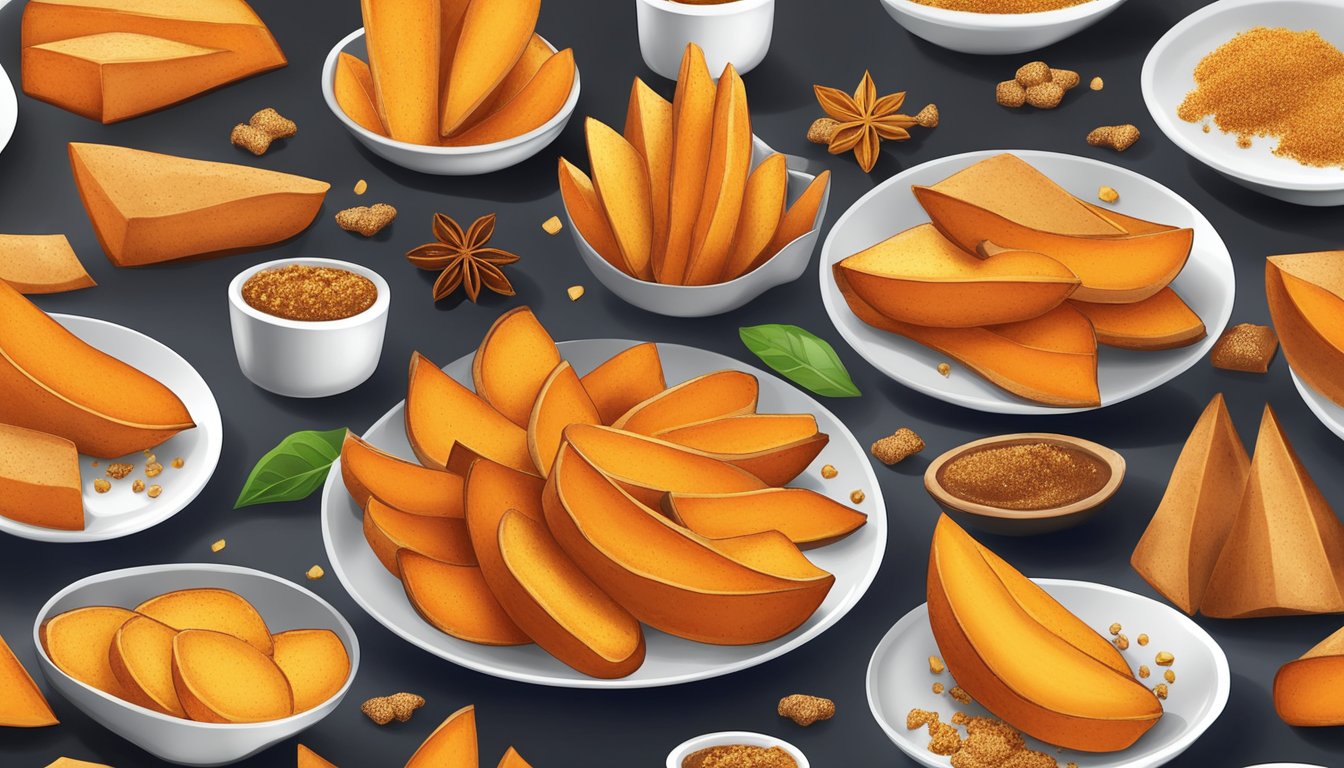 A plate of golden sweet potato wedges sprinkled with cinnamon, arranged in a variety of appetizing ways