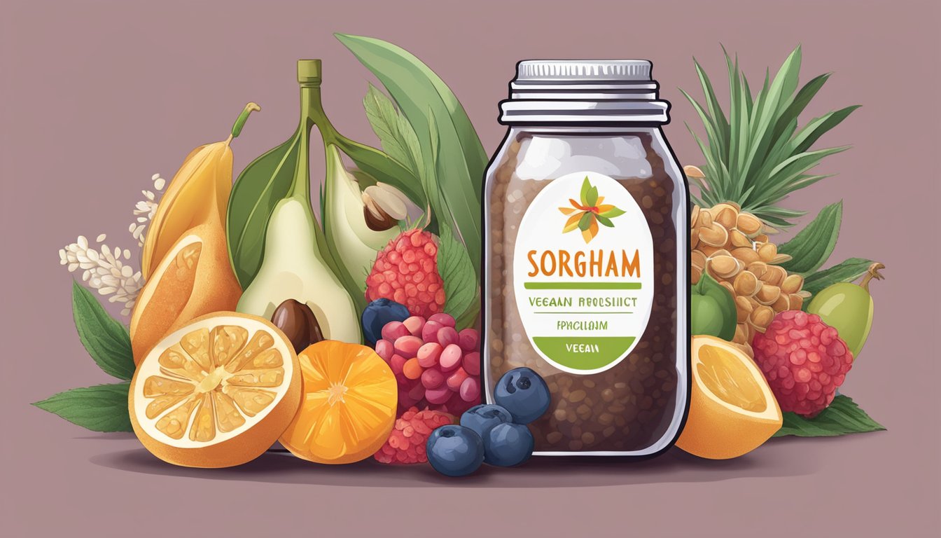 A jar of sorghum syrup surrounded by various vegan ingredients like fruits, nuts, and grains, with a "vegan" label prominently displayed