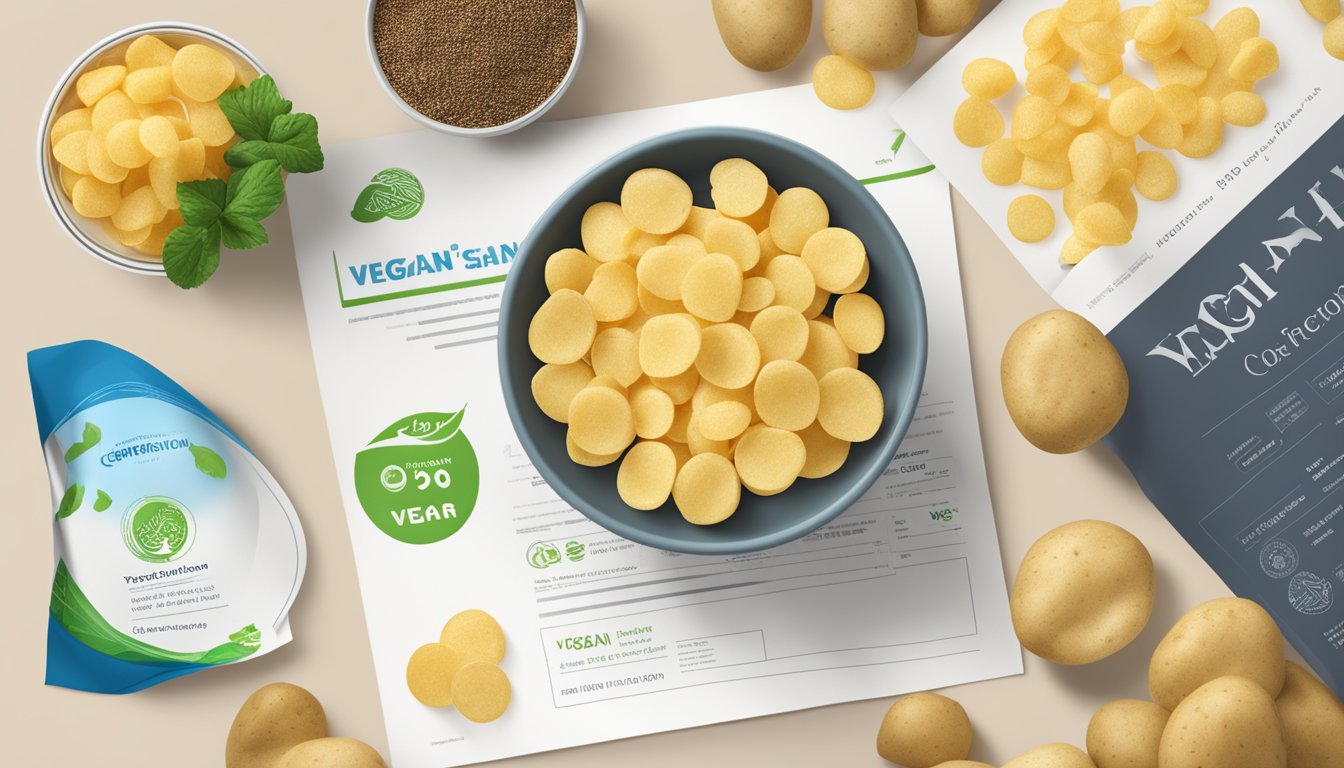 A table with a bowl of air-puffed potato snacks next to a Vegan Certification logo