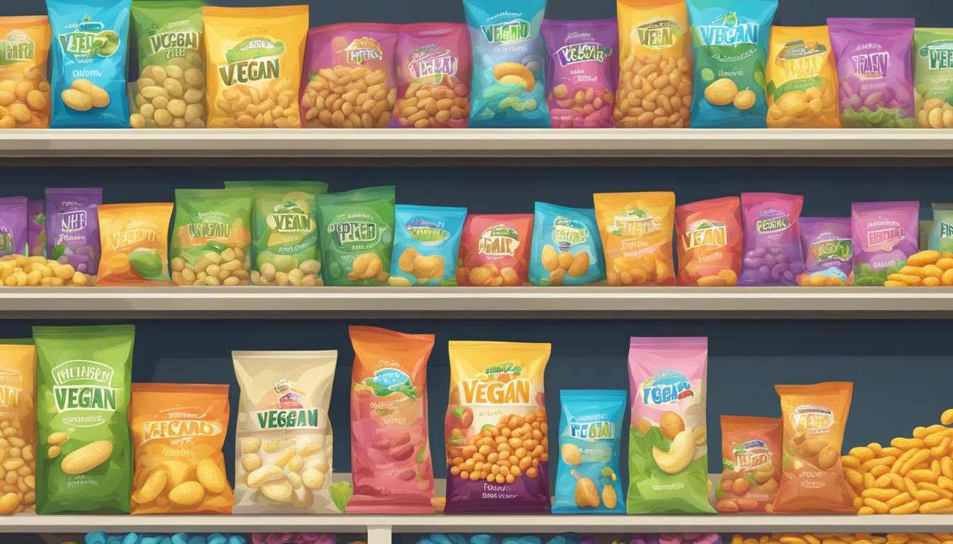 A colorful display of air puffed potato snacks arranged on shelves with a prominent "vegan" label. Customers reaching for bags at a grocery store