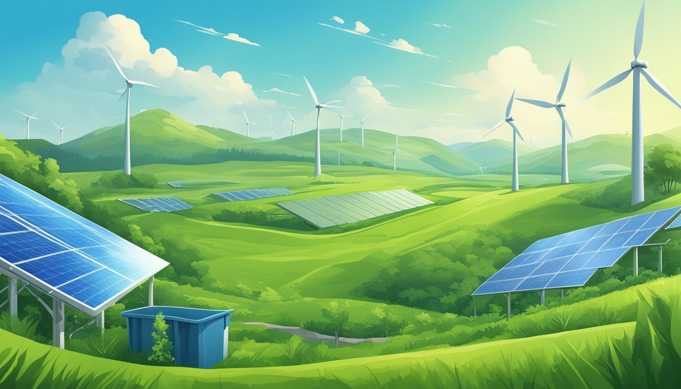 A lush green field with a clear blue sky, surrounded by renewable energy sources and a recycling plant