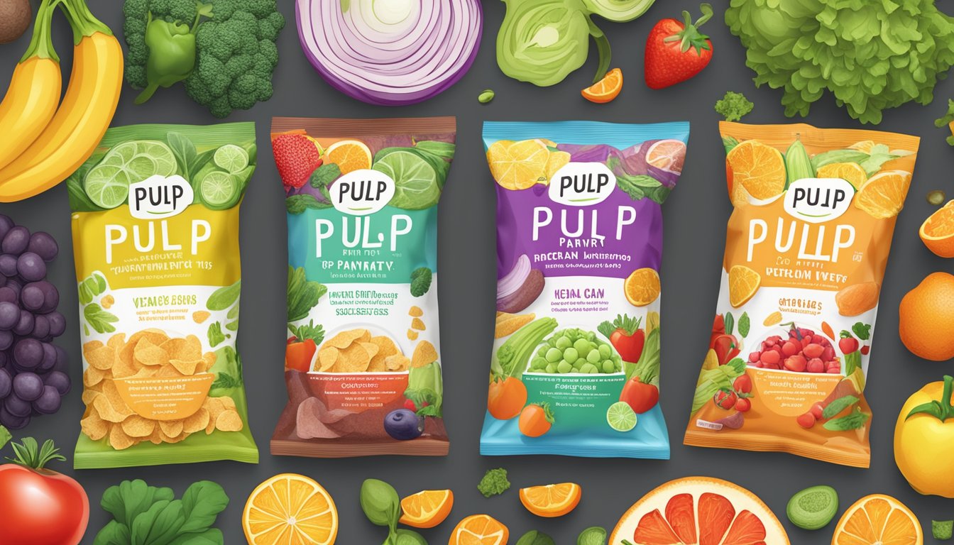 A colorful array of Pulp Pantry pulp chips arranged next to fresh vegetables and fruits, showcasing their vegan and nutritious profile