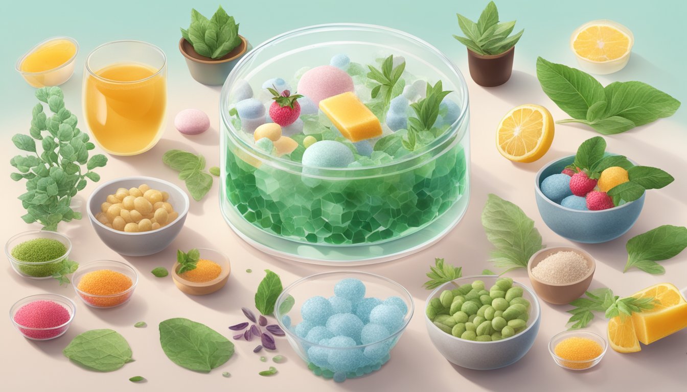 A clear, crystalline isomalt structure surrounded by various plant-based ingredients, indicating its potential as a vegan-friendly sweetener