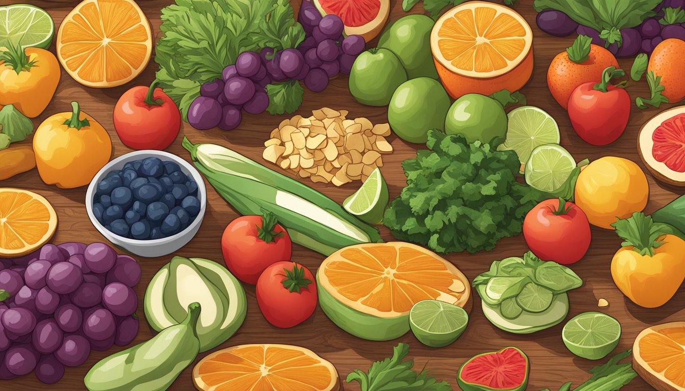 A colorful array of pulp pantry pulp chips arranged on a wooden cutting board, surrounded by vibrant fruits and vegetables