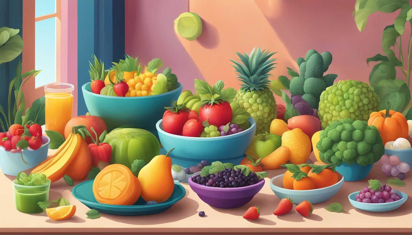 A colorful array of fruits, vegetables, and plant-based foods, with a focus on isomalt-containing vegan options, displayed on a vibrant and inviting table