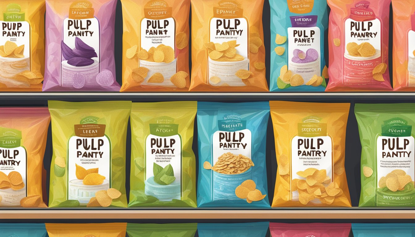 A colorful array of pulp pantry chips in various flavors, including vegan options, displayed on a shelf